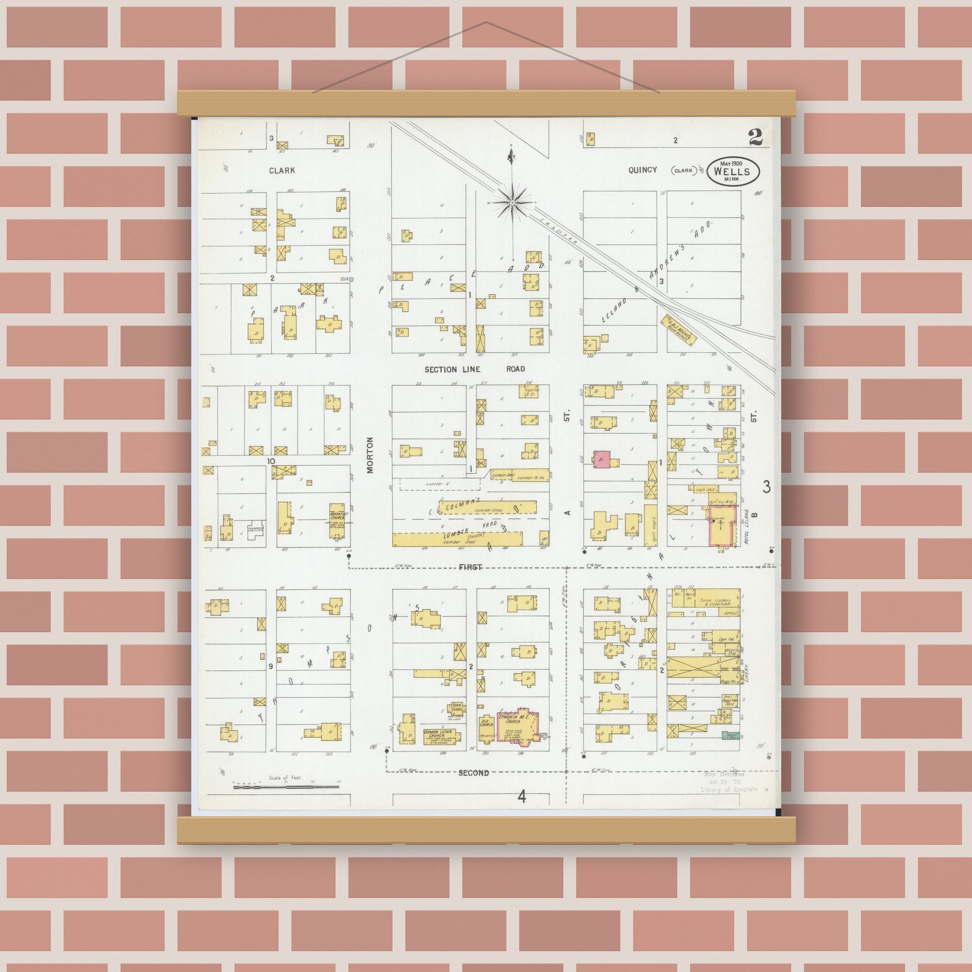 Old map wall art mockup — magnetic wood frame on brick wall — Sanborn Fire Insurance Map from Wells, Faribault County, Minnesota (1900), Sheet #0002