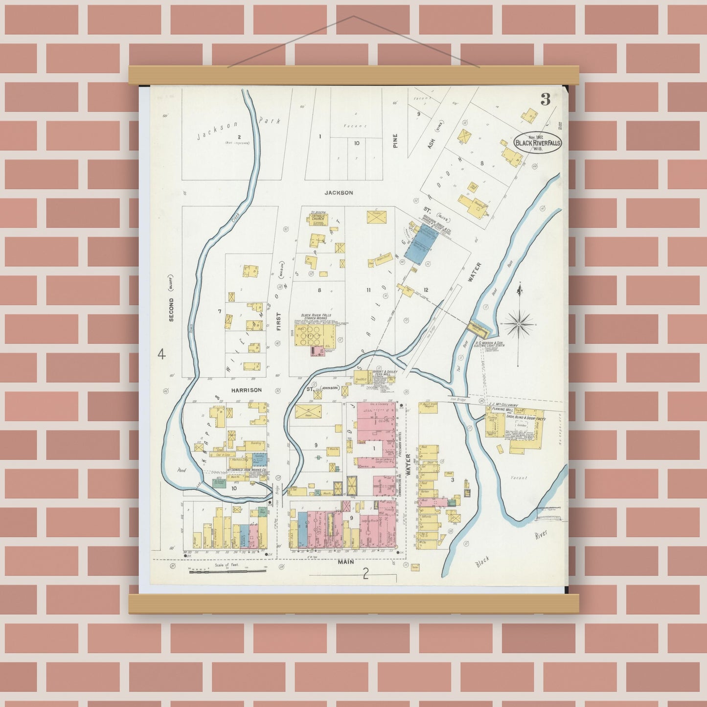 Old map wall art mockup — magnetic wood frame on brick wall — Sanborn Fire Insurance Map from Black River Falls, Jackson County, Wisconsin (1902), Sheet #0003
