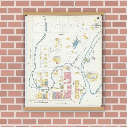 Old map wall art mockup — magnetic wood frame on brick wall — Sanborn Fire Insurance Map from Black River Falls, Jackson County, Wisconsin (1902), Sheet #0003