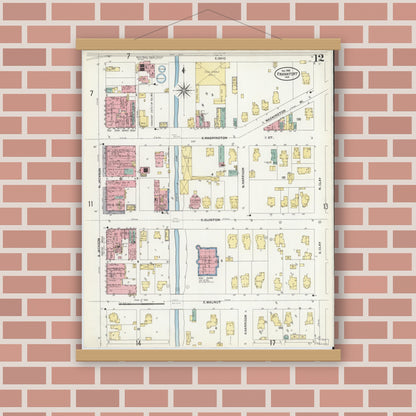 Old map wall art mockup — magnetic wood frame on brick wall — Sanborn Fire Insurance Map from Frankfort, Clinton County, Indiana (1906), Sheet #0012
