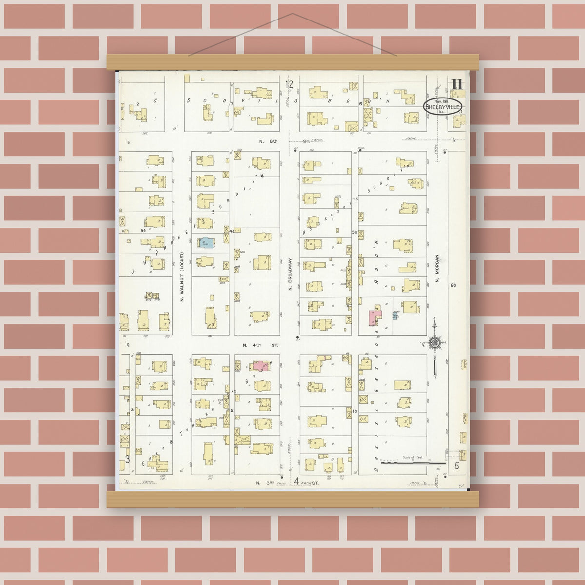 Old map wall art mockup — magnetic wood frame on brick wall — Sanborn Fire Insurance Map from Shelbyville, Shelby County, Illinois (1911), Sheet #0011