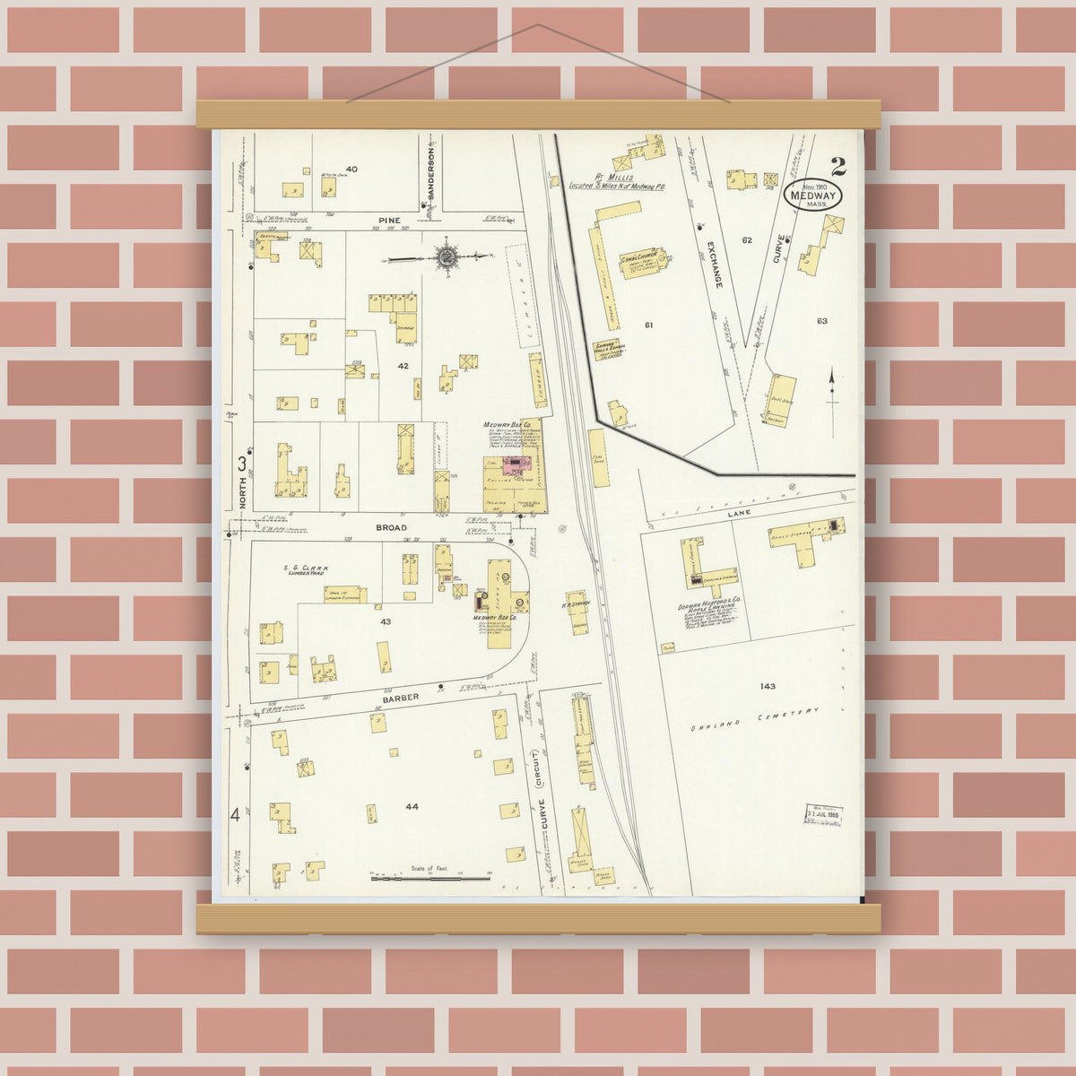 Old map wall art mockup — magnetic wood frame on brick wall — Sanborn Fire Insurance Map from Medway, Norfolk County, Massachusetts (1910), Sheet #0002