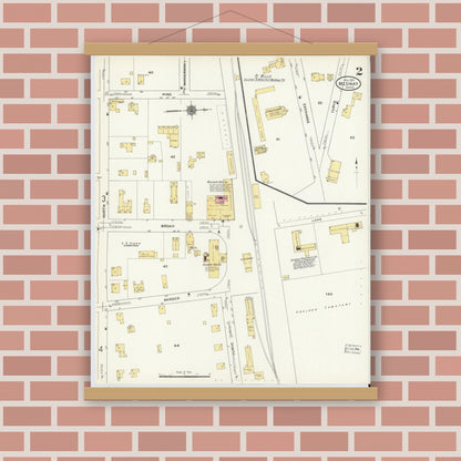 Old map wall art mockup — magnetic wood frame on brick wall — Sanborn Fire Insurance Map from Medway, Norfolk County, Massachusetts (1910), Sheet #0002