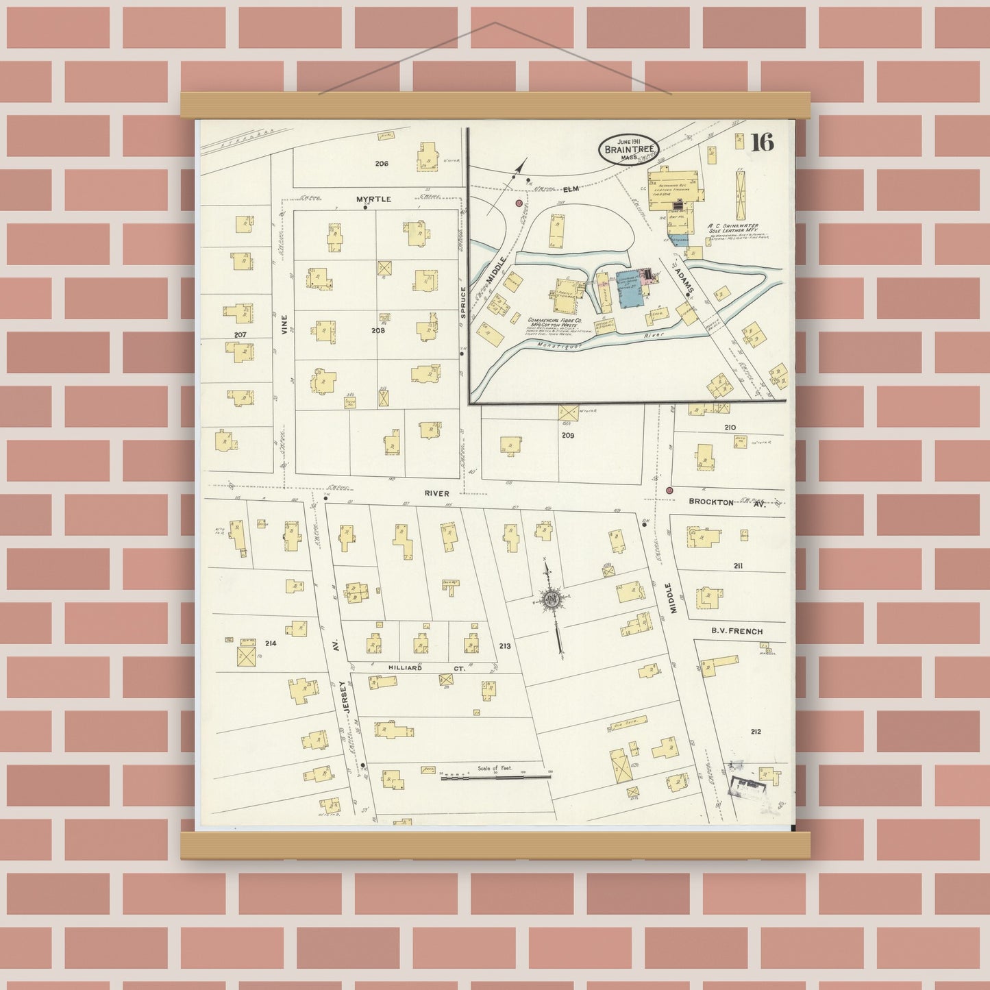 Old map wall art mockup — magnetic wood frame on brick wall — Sanborn Fire Insurance Map from Braintree, Norfolk County, Massachusetts (1911), Sheet #0016