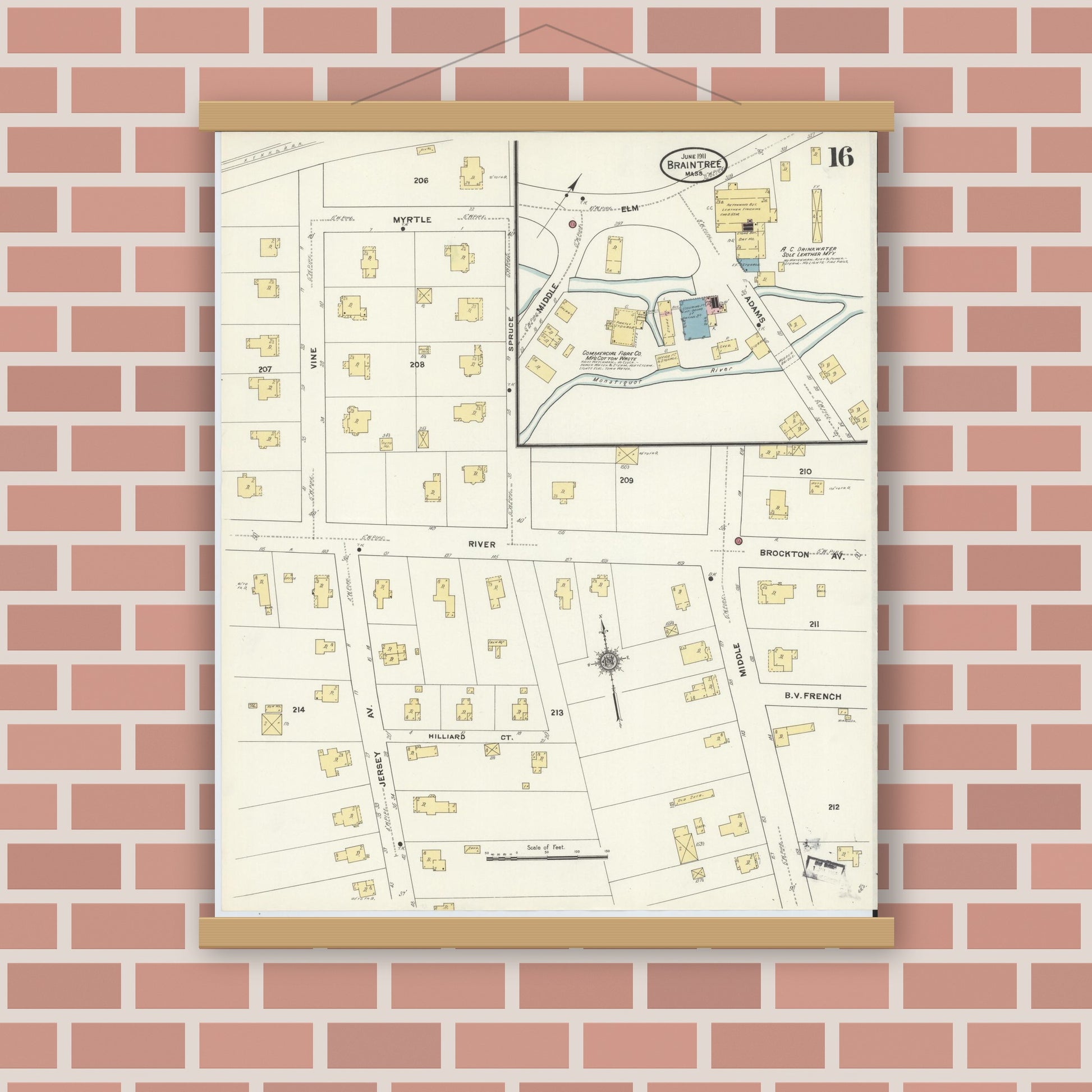 Old map wall art mockup — magnetic wood frame on brick wall — Sanborn Fire Insurance Map from Braintree, Norfolk County, Massachusetts (1911), Sheet #0016
