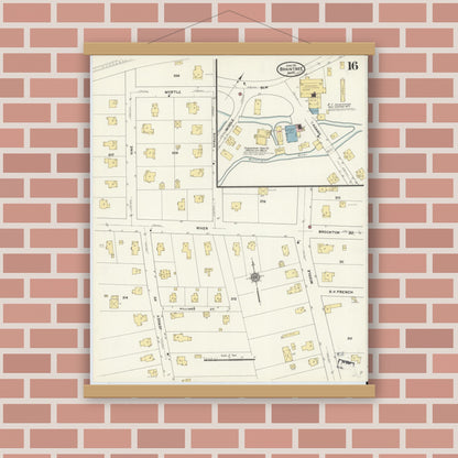 Old map wall art mockup — magnetic wood frame on brick wall — Sanborn Fire Insurance Map from Braintree, Norfolk County, Massachusetts (1911), Sheet #0016
