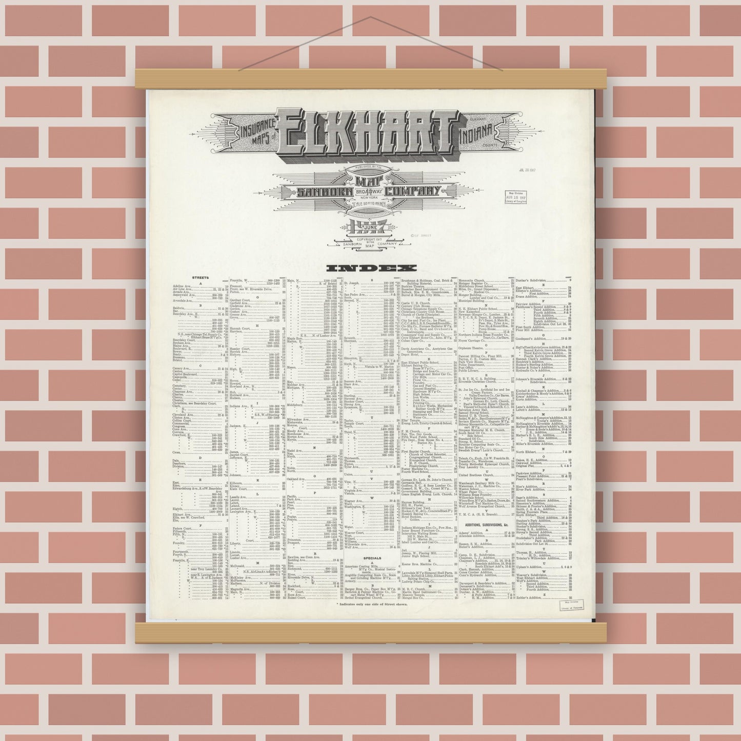 Old map wall art mockup — magnetic wood frame on brick wall — Sanborn Fire Insurance Map from Elkhart, Elkhart County, Indiana (1917), Sheet #0001