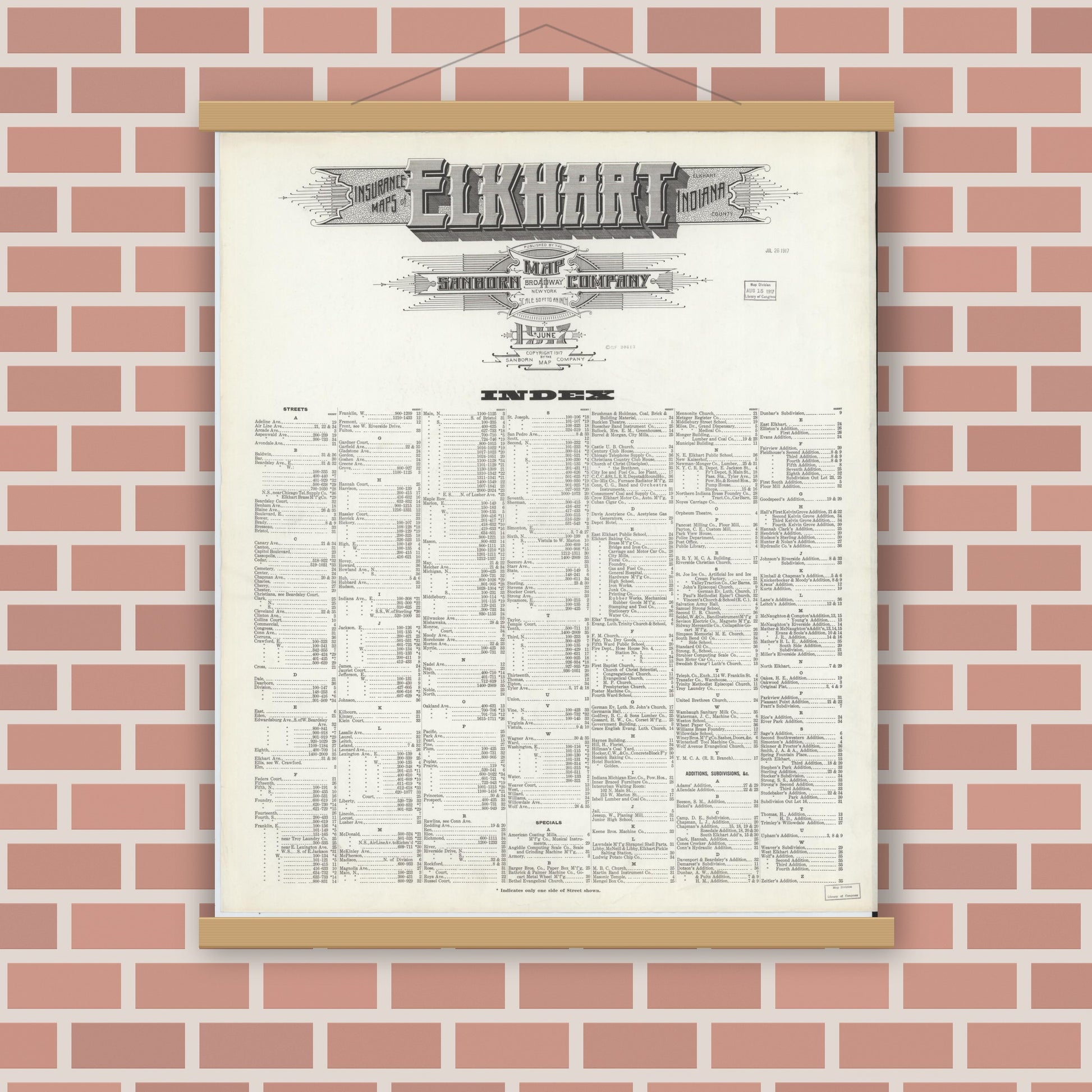 Old map wall art mockup — magnetic wood frame on brick wall — Sanborn Fire Insurance Map from Elkhart, Elkhart County, Indiana (1917), Sheet #0001