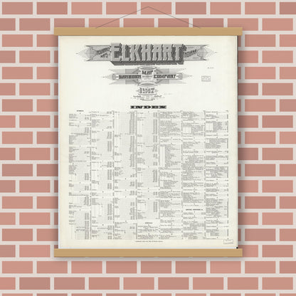 Old map wall art mockup — magnetic wood frame on brick wall — Sanborn Fire Insurance Map from Elkhart, Elkhart County, Indiana (1917), Sheet #0001