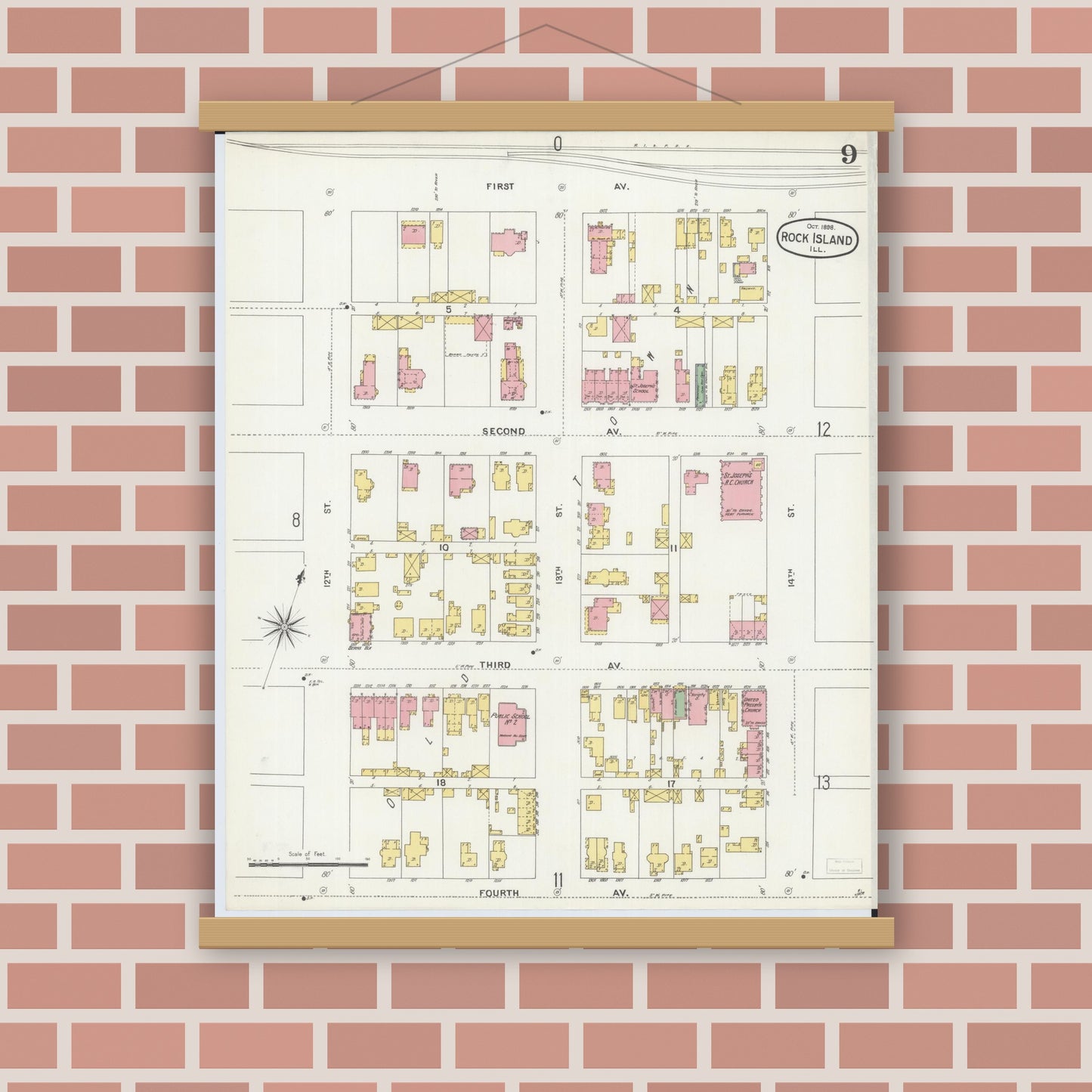 Old map wall art mockup — magnetic wood frame on brick wall — Sanborn Fire Insurance Map from Rock Island, Rock Island County, Illinois (1898), Sheet #0009
