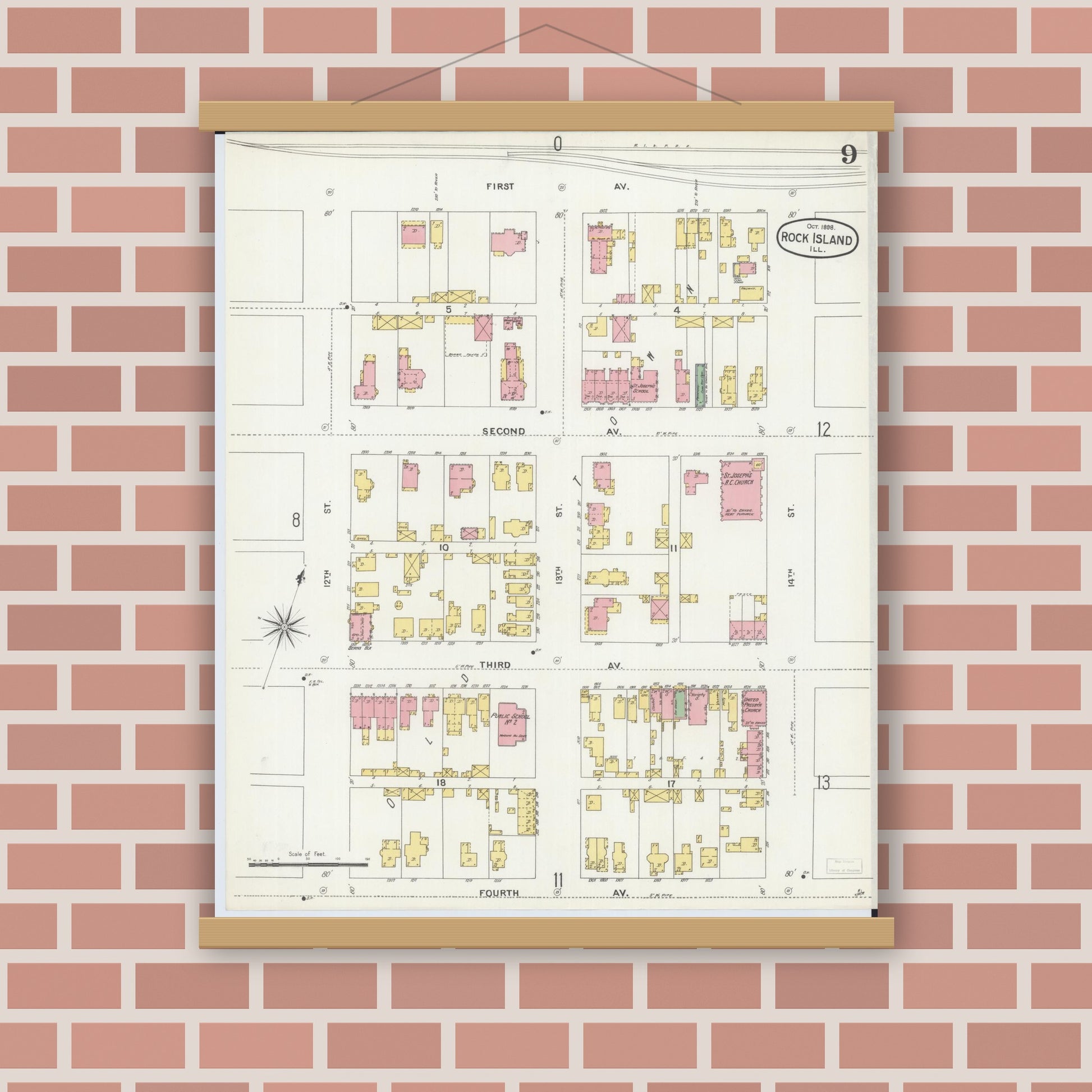 Old map wall art mockup — magnetic wood frame on brick wall — Sanborn Fire Insurance Map from Rock Island, Rock Island County, Illinois (1898), Sheet #0009