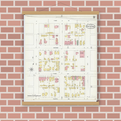 Old map wall art mockup — magnetic wood frame on brick wall — Sanborn Fire Insurance Map from Rock Island, Rock Island County, Illinois (1898), Sheet #0009
