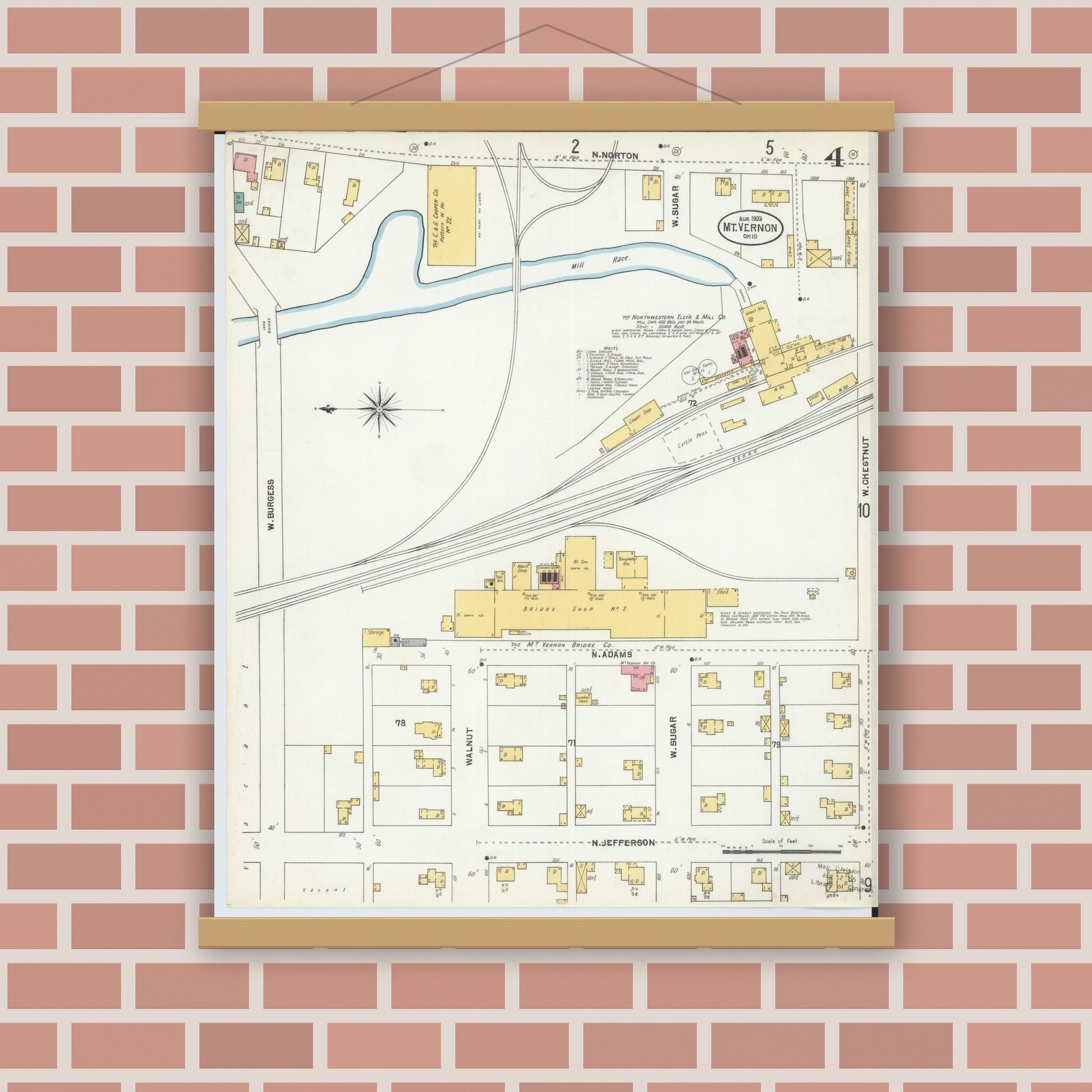 Old map wall art mockup — magnetic wood frame on brick wall — Sanborn Fire Insurance Map from Mount Vernon, Knox County, Ohio (1903), Sheet #0004
