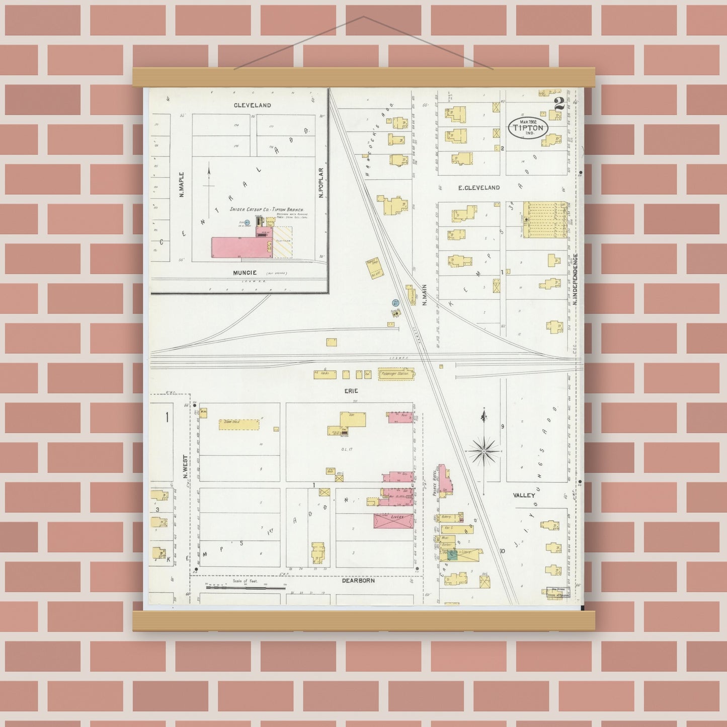 Old map wall art mockup — magnetic wood frame on brick wall — Sanborn Fire Insurance Map from Tipton, Tipton County, Indiana (1902), Sheet #0002