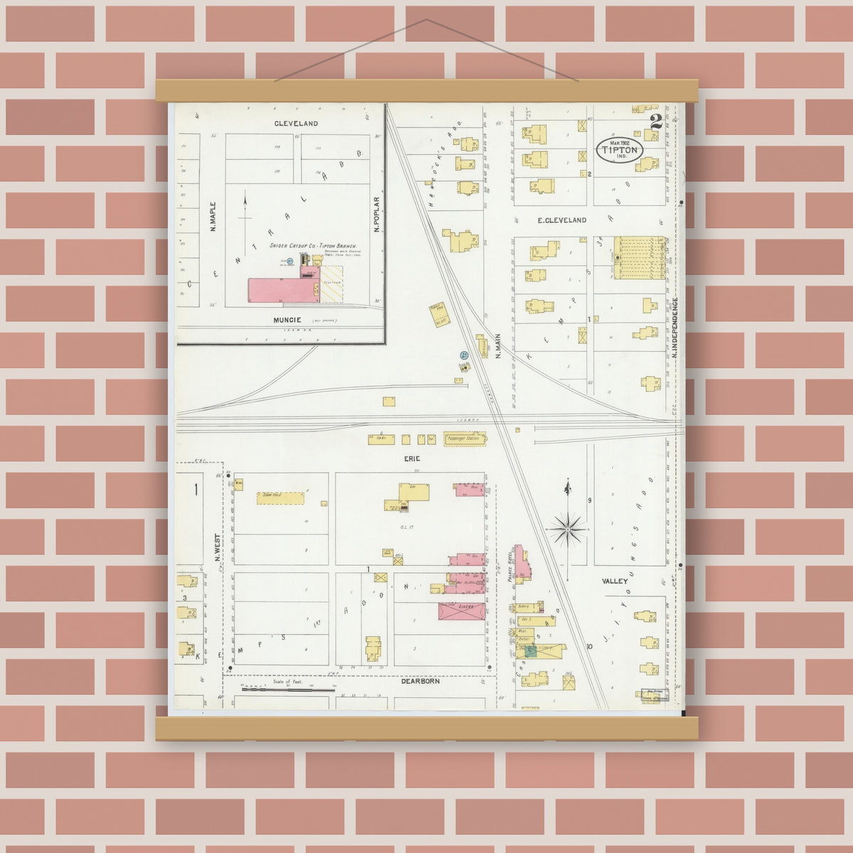 Old map wall art mockup — magnetic wood frame on brick wall — Sanborn Fire Insurance Map from Tipton, Tipton County, Indiana (1902), Sheet #0002