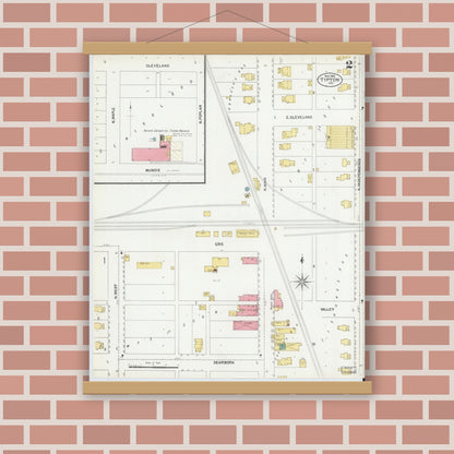 Old map wall art mockup — magnetic wood frame on brick wall — Sanborn Fire Insurance Map from Tipton, Tipton County, Indiana (1902), Sheet #0002