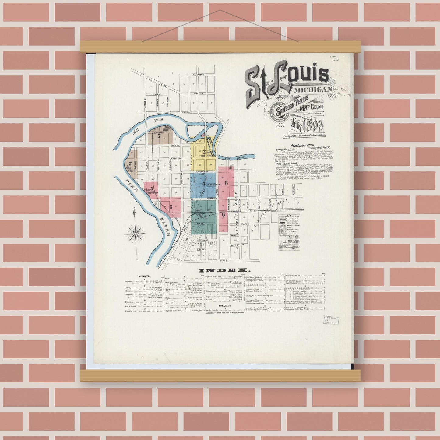 Old map wall art mockup — magnetic wood frame on brick wall — Sanborn Fire Insurance Map from Saint Louis, Gratiot County, Michigan (1893), Sheet #0001