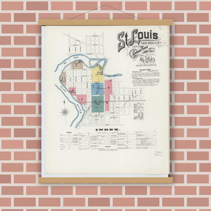 Old map wall art mockup — magnetic wood frame on brick wall — Sanborn Fire Insurance Map from Saint Louis, Gratiot County, Michigan (1893), Sheet #0001
