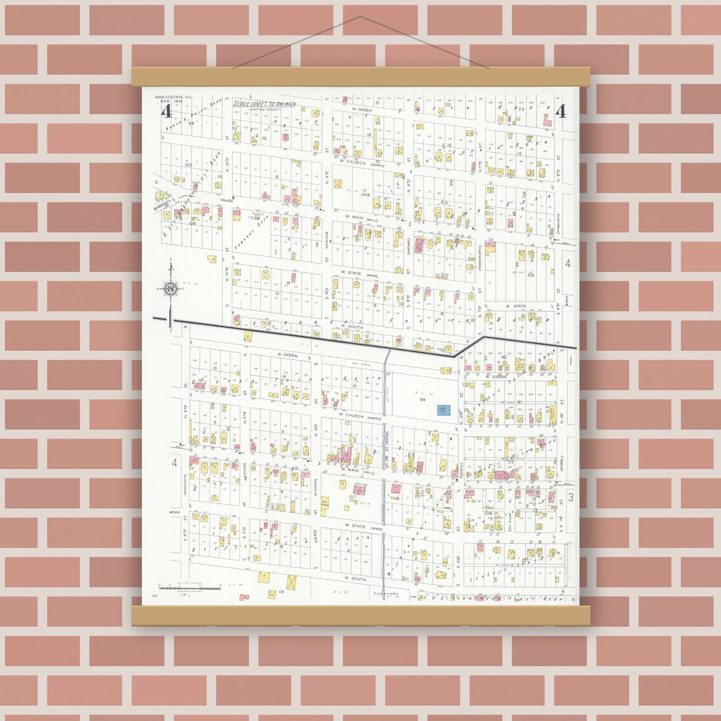 Old map wall art mockup — magnetic wood frame on brick wall — Sanborn Fire Insurance Map from Mascoutah, Saint Clair County, Illinois (1933), Sheet #0004