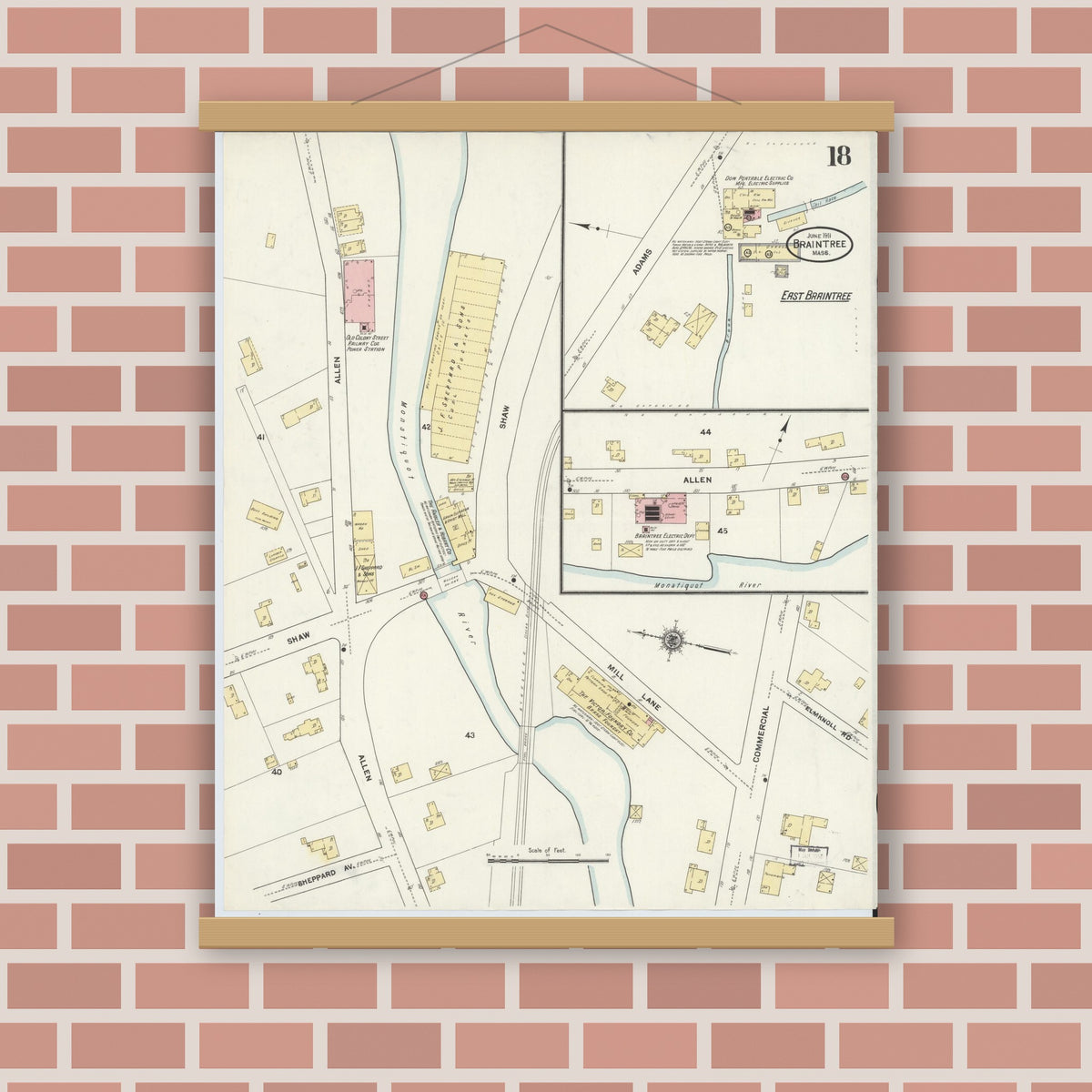 Old map wall art mockup — magnetic wood frame on brick wall — Sanborn Fire Insurance Map from Braintree, Norfolk County, Massachusetts (1911), Sheet #0018