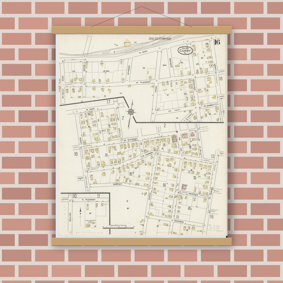 Old map wall art mockup — magnetic wood frame on brick wall — Sanborn Fire Insurance Map from Corry, Erie County, Pennsylvania (1915), Sheet #0016