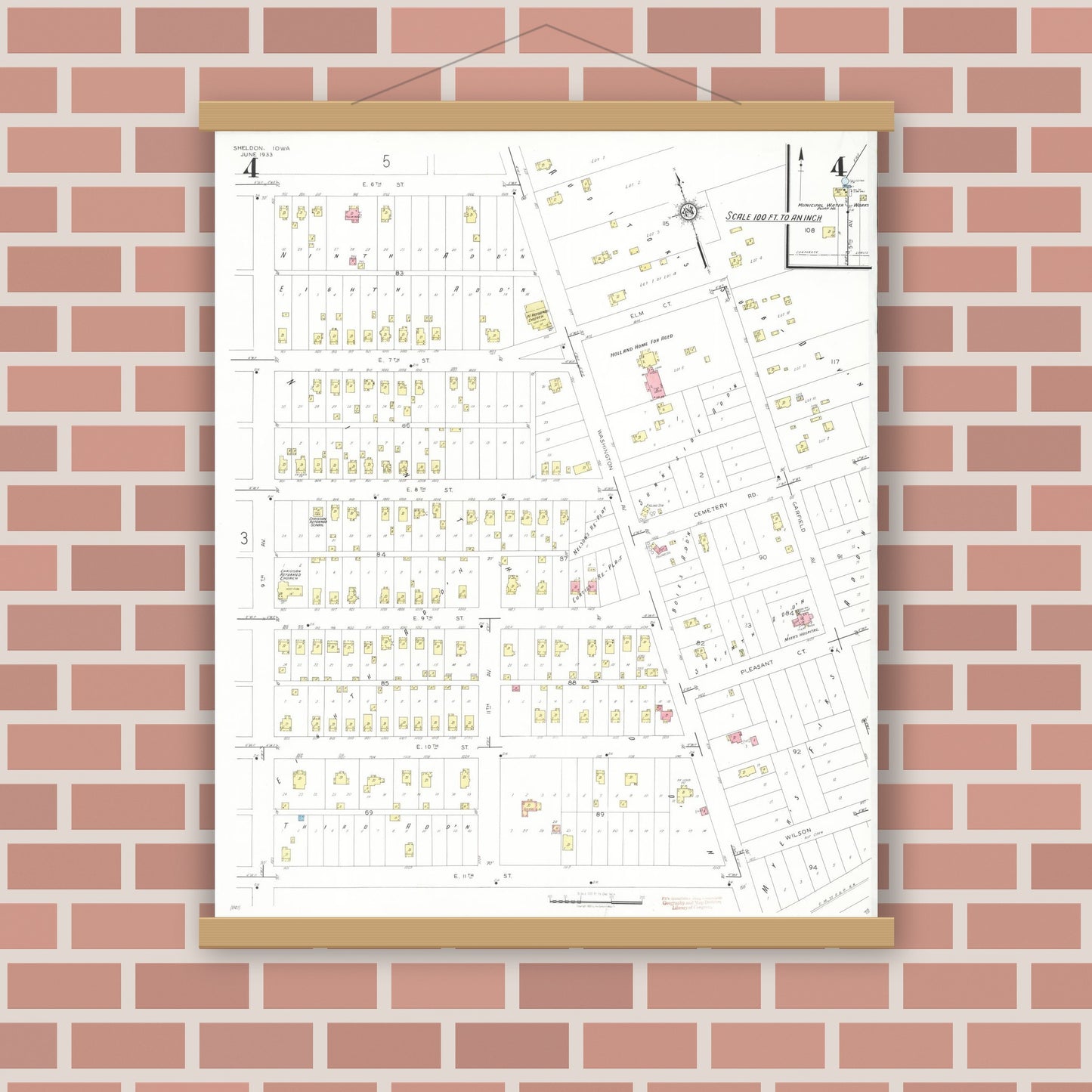 Old map wall art mockup — magnetic wood frame on brick wall — Sanborn Fire Insurance Map from Sheldon, O'Brien County, Iowa (1933), Sheet #0004