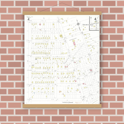 Old map wall art mockup — magnetic wood frame on brick wall — Sanborn Fire Insurance Map from Sheldon, O'Brien County, Iowa (1933), Sheet #0004