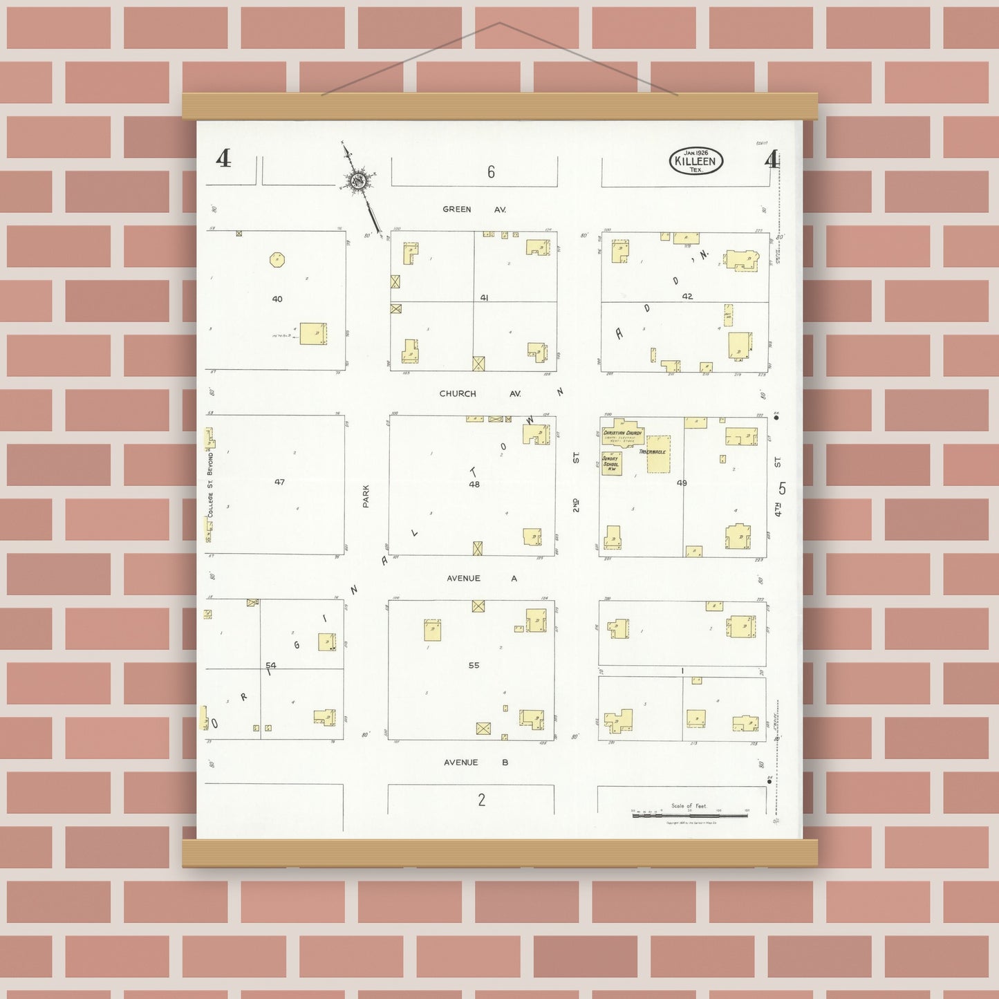 Old map wall art mockup — magnetic wood frame on brick wall — Sanborn Fire Insurance Map from Killeen, Bell County, Texas (1926), Sheet #0004