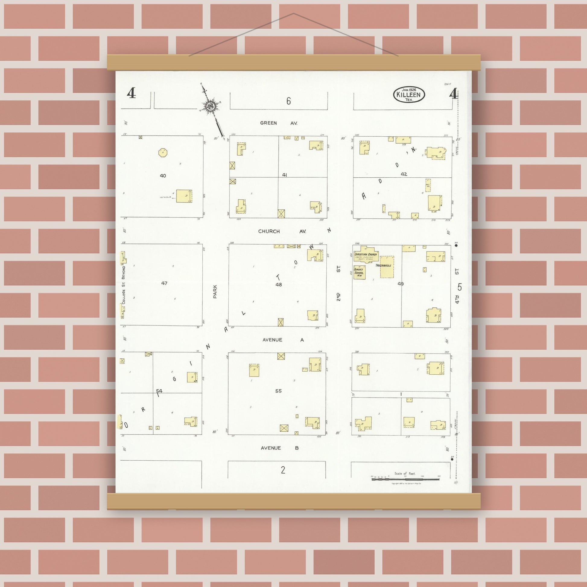 Old map wall art mockup — magnetic wood frame on brick wall — Sanborn Fire Insurance Map from Killeen, Bell County, Texas (1926), Sheet #0004