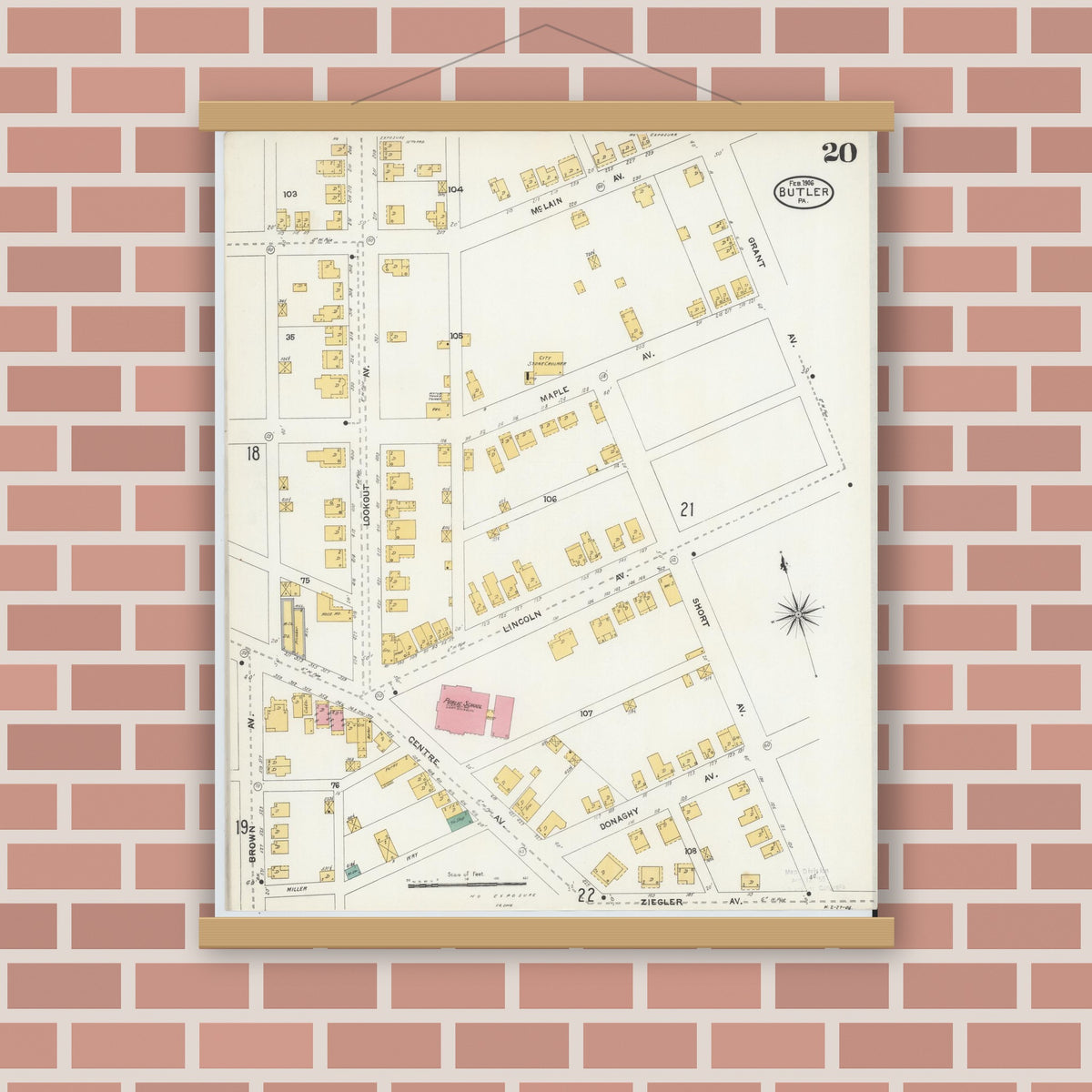 Old map wall art mockup — magnetic wood frame on brick wall — Sanborn Fire Insurance Map from Butler, Butler County, Pennsylvania (1906), Sheet #0020