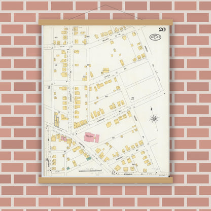 Old map wall art mockup — magnetic wood frame on brick wall — Sanborn Fire Insurance Map from Butler, Butler County, Pennsylvania (1906), Sheet #0020