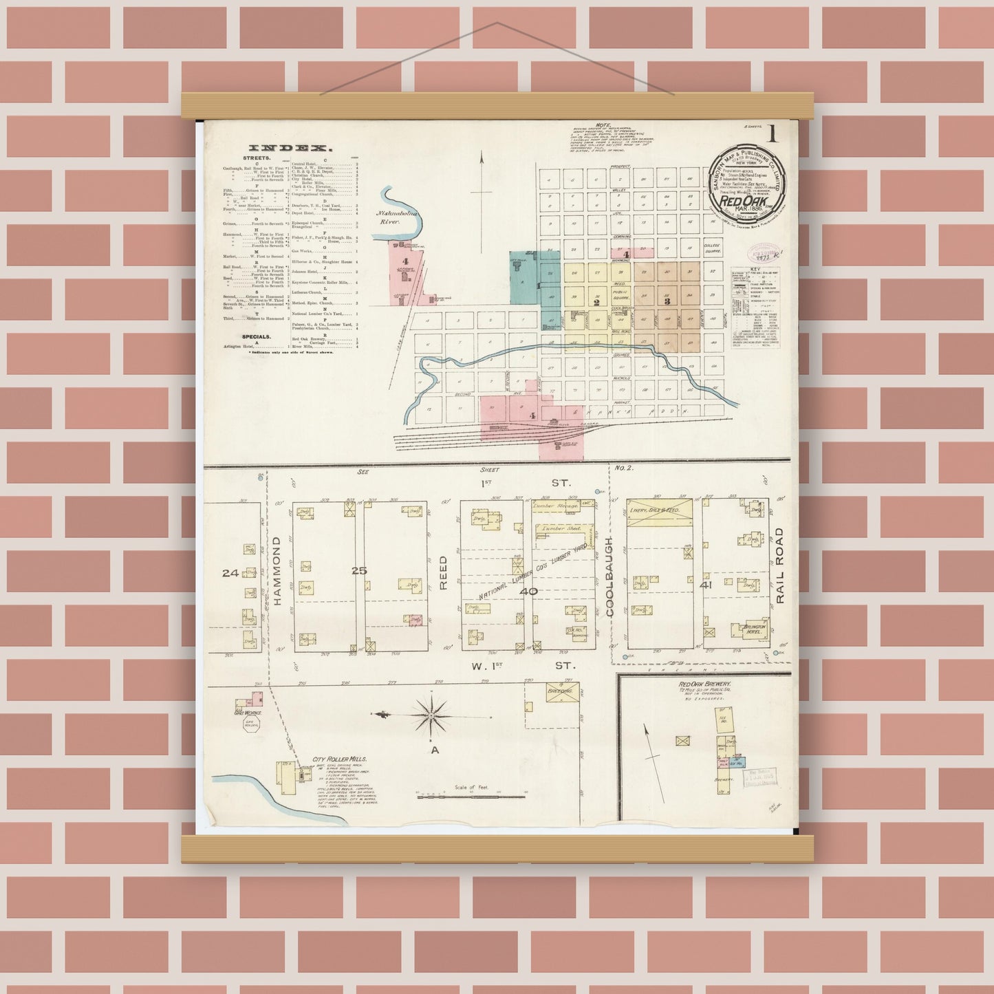 Old map wall art mockup — magnetic wood frame on brick wall — Sanborn Fire Insurance Map from Red Oak, Montgomery County, Iowa (1886), Sheet #0001