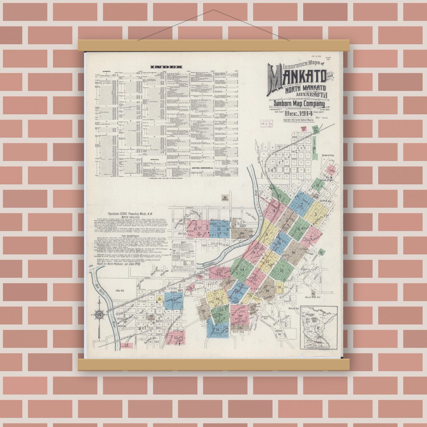 Old map wall art mockup — magnetic wood frame on brick wall — Sanborn Fire Insurance Map from Mankato, Blue Earth County, Minnesota (1914) - Complete Map Set