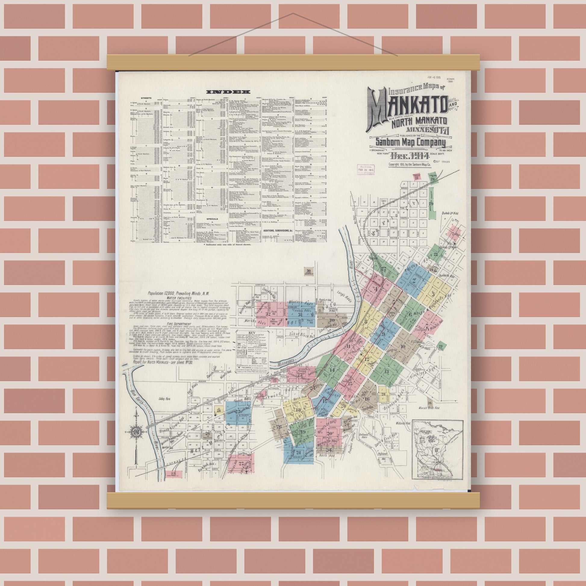 Old map wall art mockup — magnetic wood frame on brick wall — Sanborn Fire Insurance Map from Mankato, Blue Earth County, Minnesota (1914) - Complete Map Set