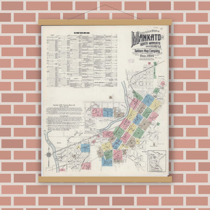 Old map wall art mockup — magnetic wood frame on brick wall — Sanborn Fire Insurance Map from Mankato, Blue Earth County, Minnesota (1914) - Complete Map Set