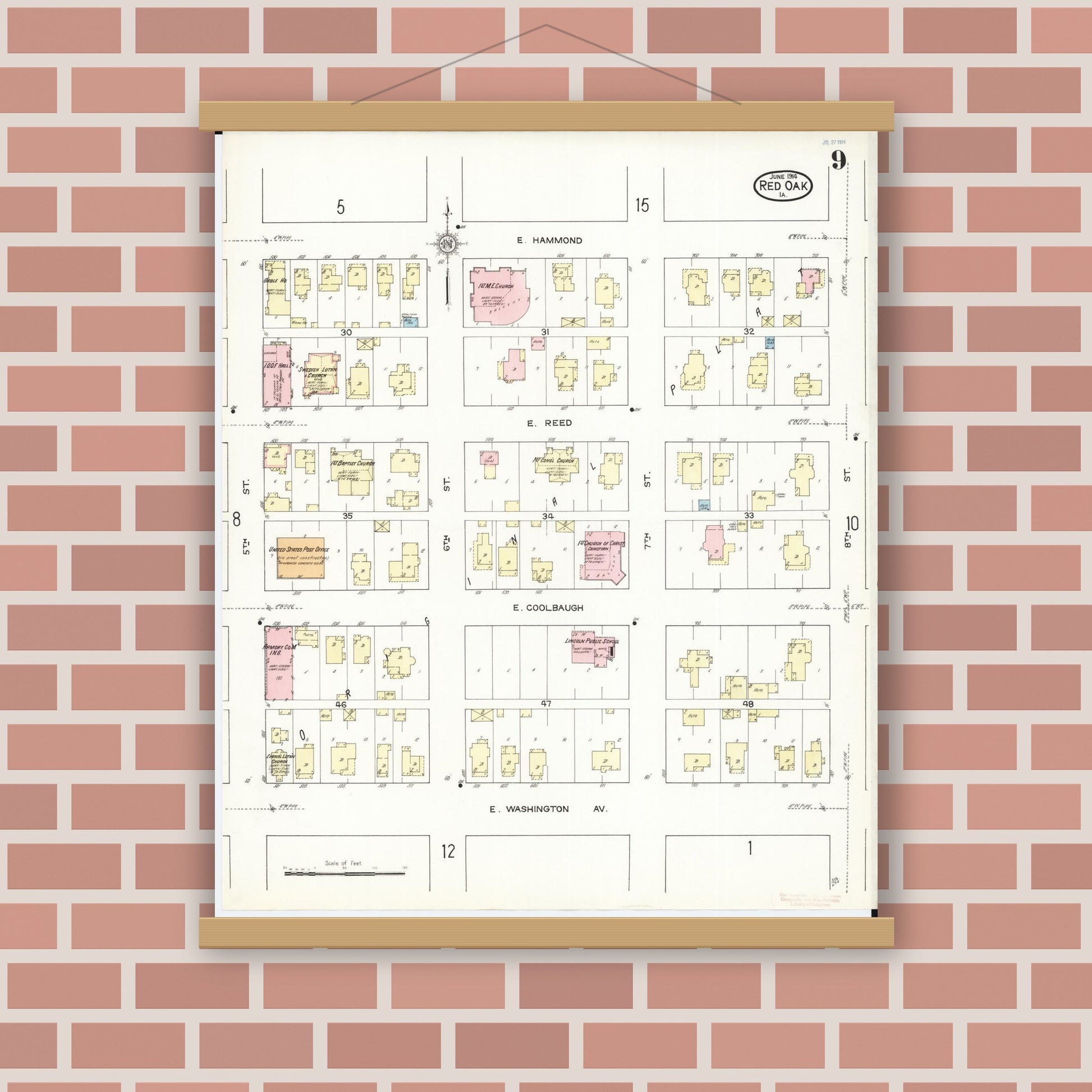 Old map wall art mockup — magnetic wood frame on brick wall — Sanborn Fire Insurance Map from Red Oak, Montgomery County, Iowa (1914), Sheet #0009