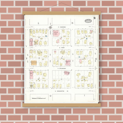 Old map wall art mockup — magnetic wood frame on brick wall — Sanborn Fire Insurance Map from Red Oak, Montgomery County, Iowa (1914), Sheet #0009