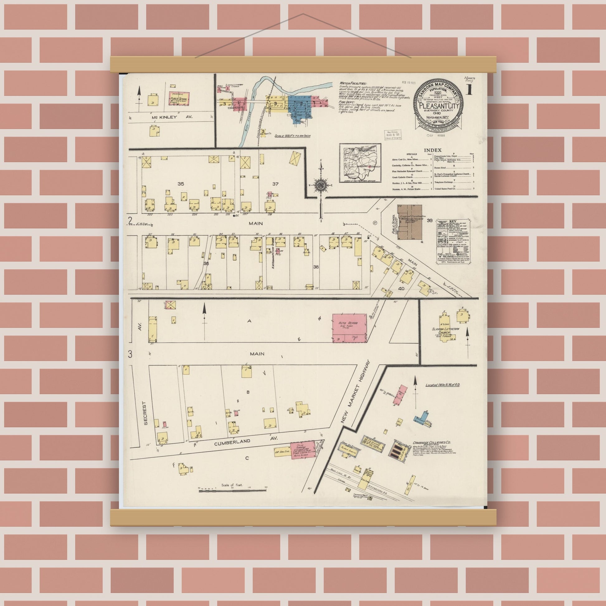 Old map wall art mockup — magnetic wood frame on brick wall — Sanborn Fire Insurance Map from Pleasant City, Guernsey County, Ohio (1922), Sheet #0001