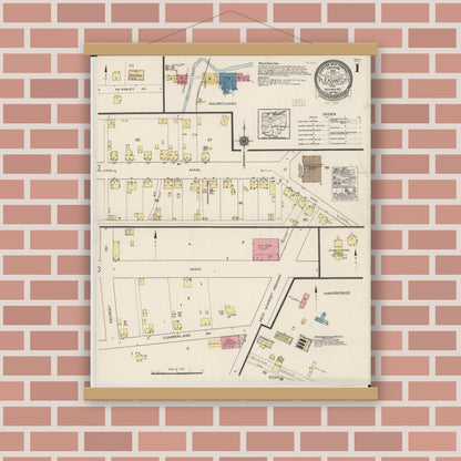 Old map wall art mockup — magnetic wood frame on brick wall — Sanborn Fire Insurance Map from Pleasant City, Guernsey County, Ohio (1922), Sheet #0001