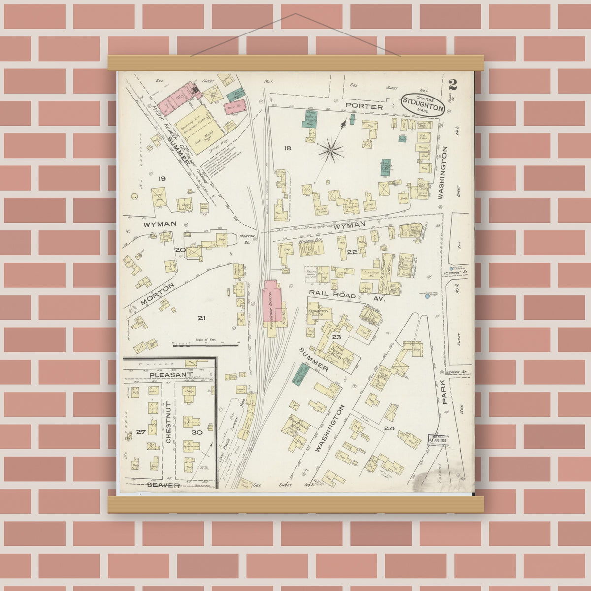 Old map wall art mockup — magnetic wood frame on brick wall — Sanborn Fire Insurance Map from Stoughton, Norfolk County, Massachusetts (1885), Sheet #0002
