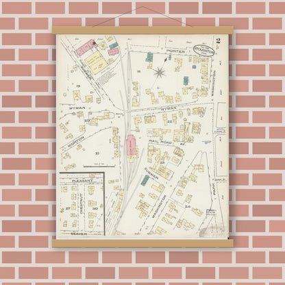 Old map wall art mockup — magnetic wood frame on brick wall — Sanborn Fire Insurance Map from Stoughton, Norfolk County, Massachusetts (1885), Sheet #0002