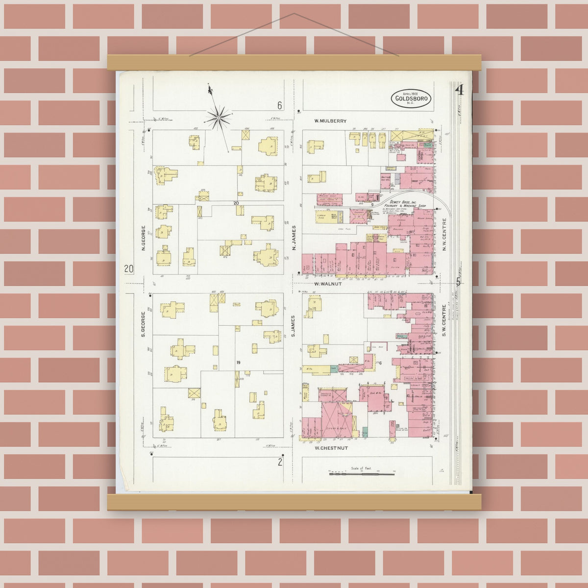 Old map wall art mockup — magnetic wood frame on brick wall — Sanborn Fire Insurance Map from Goldsboro, Wayne County, North Carolina (1908), Sheet #0004