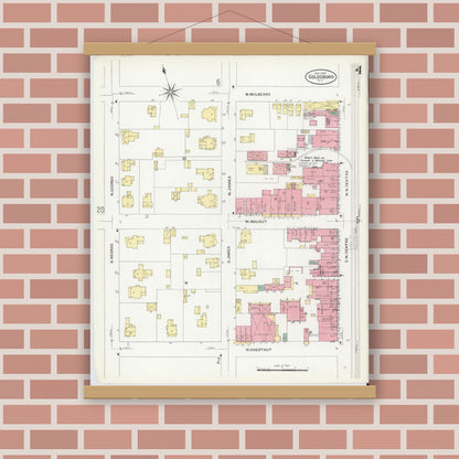 Old map wall art mockup — magnetic wood frame on brick wall — Sanborn Fire Insurance Map from Goldsboro, Wayne County, North Carolina (1908), Sheet #0004
