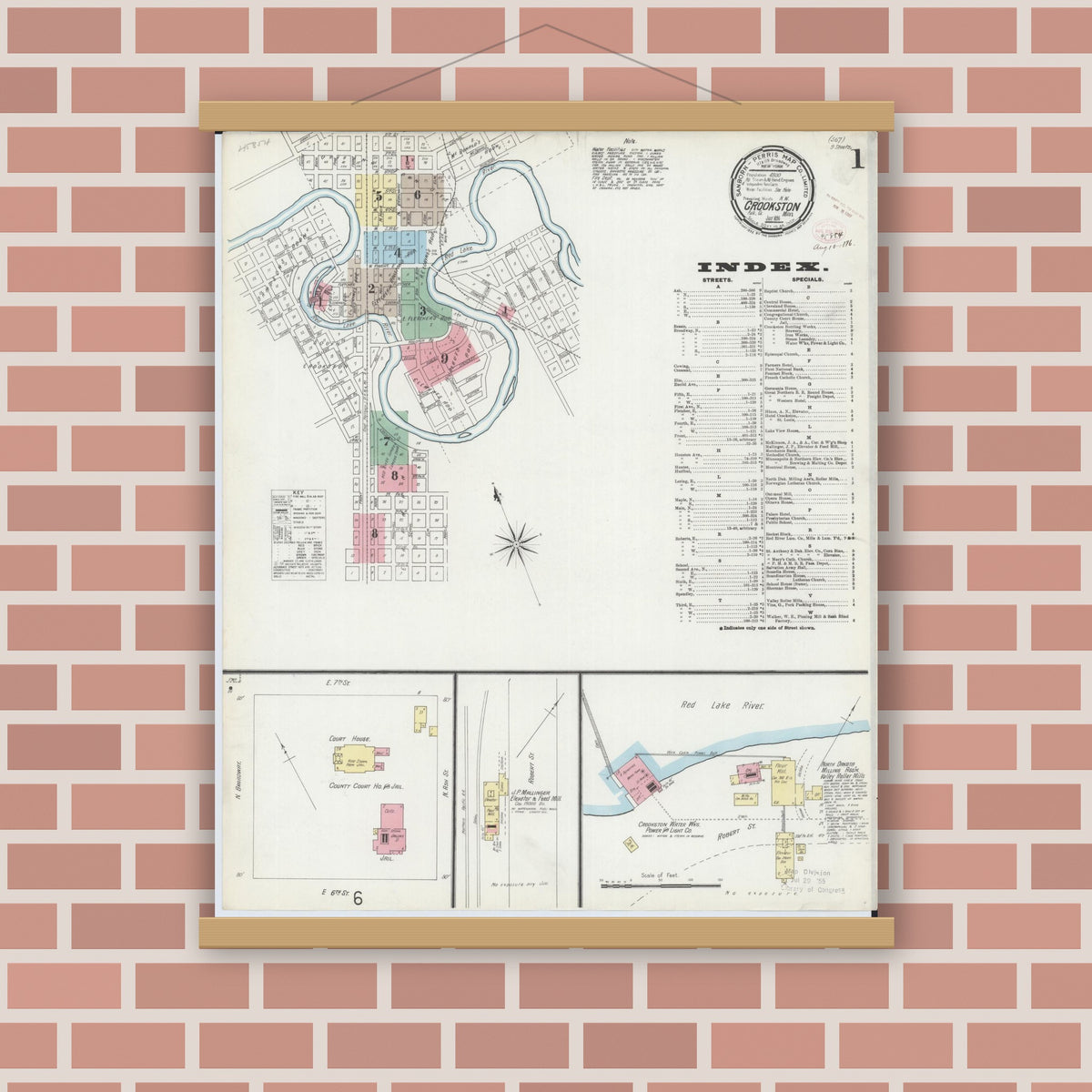 Old map wall art mockup — magnetic wood frame on brick wall — Sanborn Fire Insurance Map from Crookston, Polk County, Minnesota (1896) - Complete Map Set