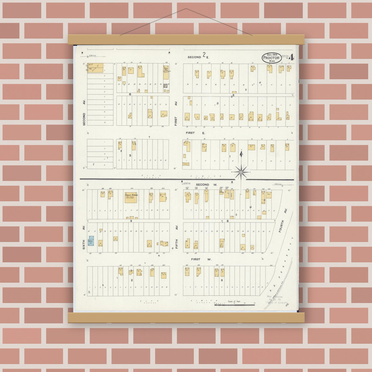 Old map wall art mockup — magnetic wood frame on brick wall — Sanborn Fire Insurance Map from Proctor, Saint Louis County, Minnesota (1908), Sheet #0004
