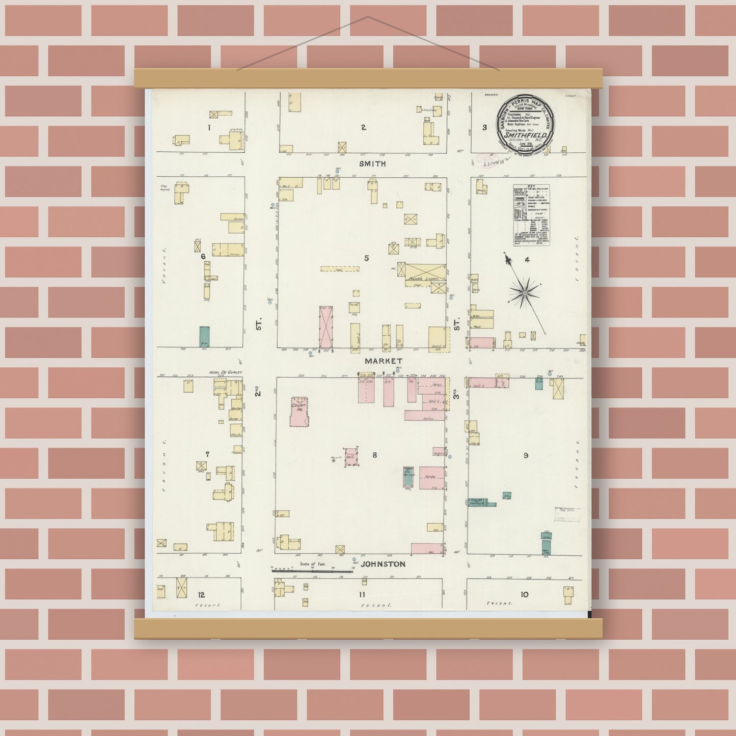 Old map wall art mockup — magnetic wood frame on brick wall — Sanborn Fire Insurance Map from Smithfield, Johnston County, North Carolina (1891), Sheet #0001
