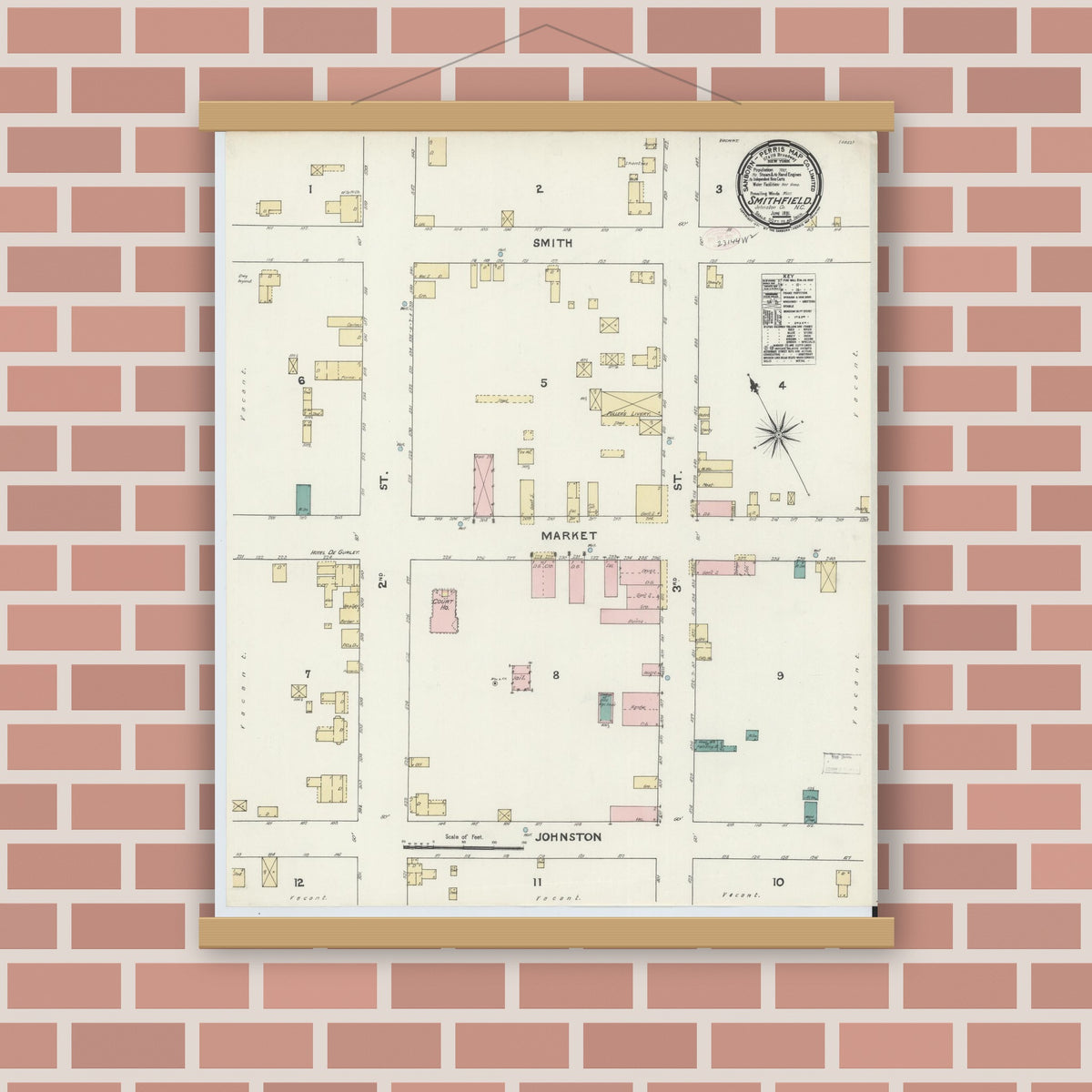 Old map wall art mockup — magnetic wood frame on brick wall — Sanborn Fire Insurance Map from Smithfield, Johnston County, North Carolina (1891), Sheet #0001