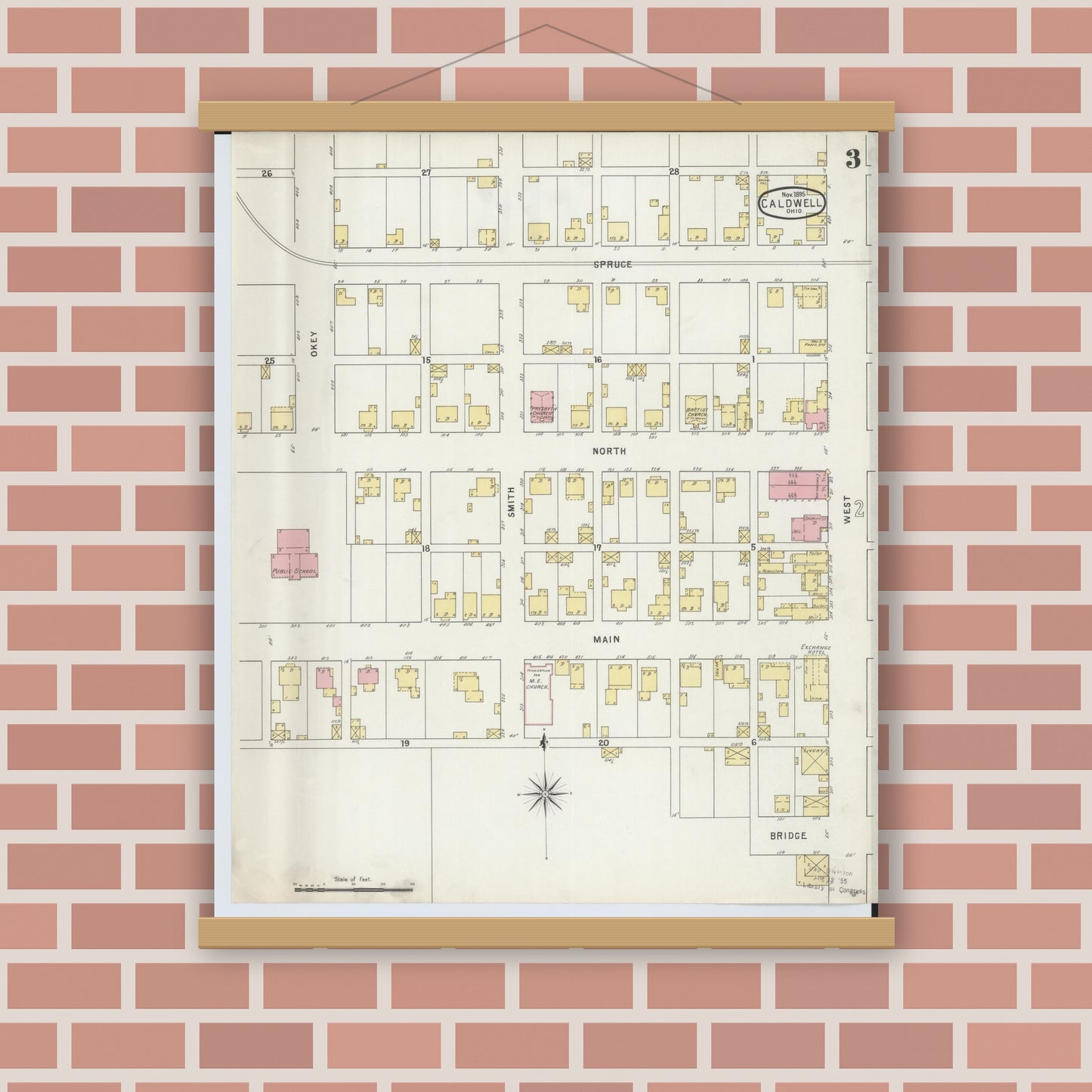 Old map wall art mockup — magnetic wood frame on brick wall — Sanborn Fire Insurance Map from Caldwell, Noble County, Ohio (1895), Sheet #0003
