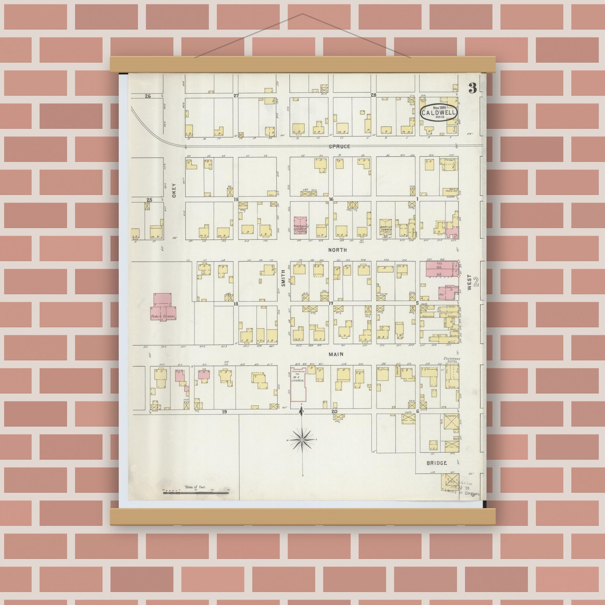 Old map wall art mockup — magnetic wood frame on brick wall — Sanborn Fire Insurance Map from Caldwell, Noble County, Ohio (1895), Sheet #0003