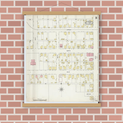 Old map wall art mockup — magnetic wood frame on brick wall — Sanborn Fire Insurance Map from Caldwell, Noble County, Ohio (1895), Sheet #0003